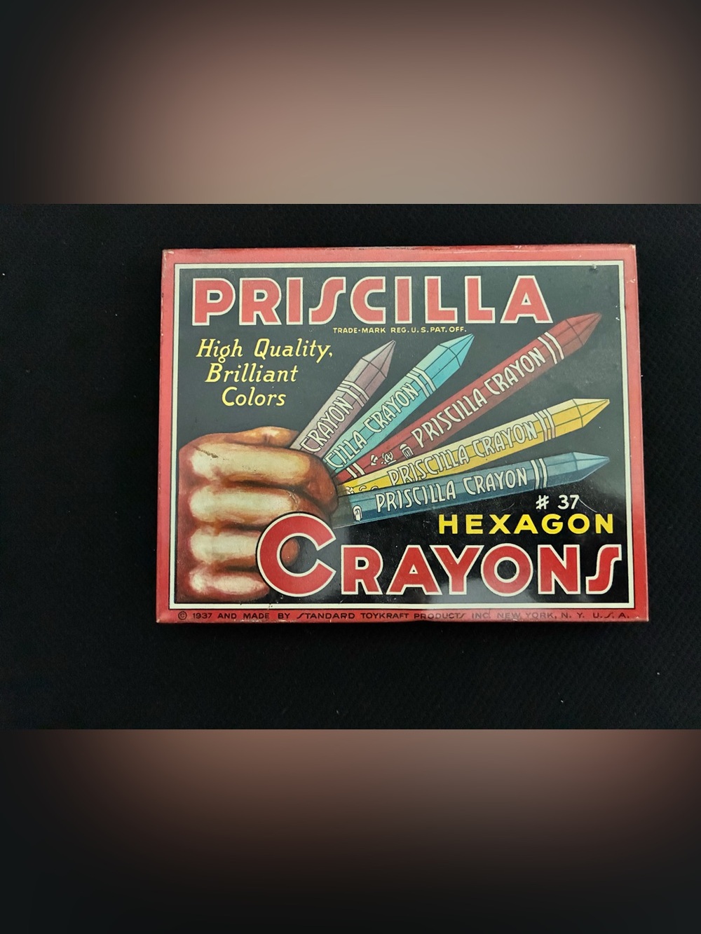1937 Vintage Priscilla #37 Hexagon Crayon Metal Tin Box with Crayons USA